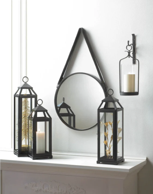 Hanging Black Mirror with Faux Leather Strap