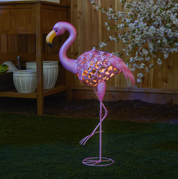 Flamingo Leaning Solar Metal Statue