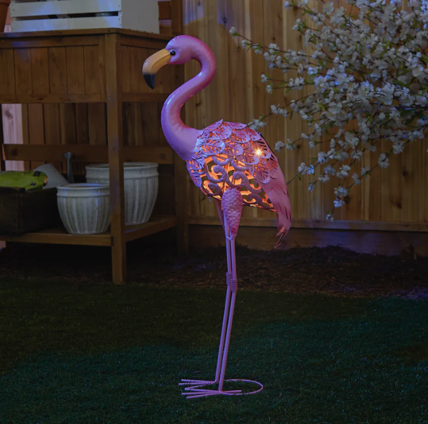 Flamingo Standing Tall Solar Metal Statue