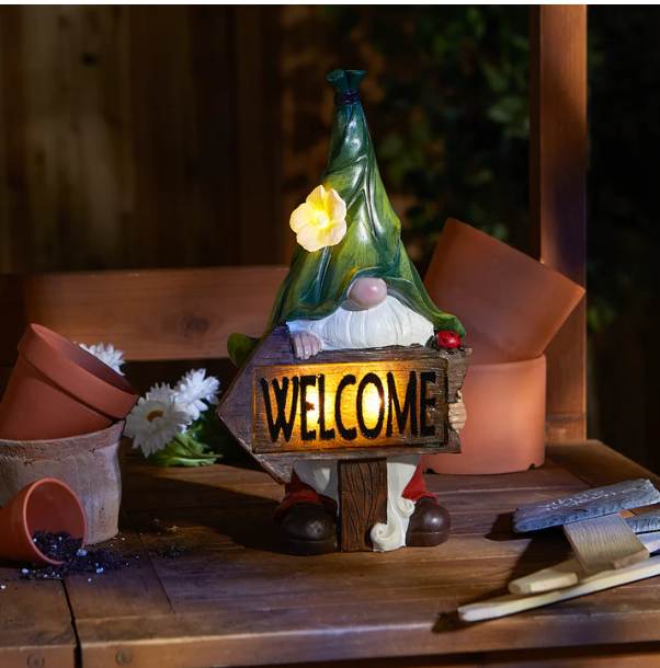 Gnome with Glowing Welcome Sign Solar Statue