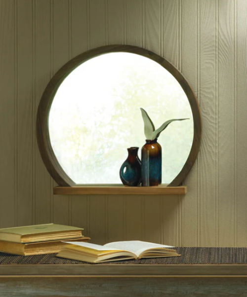 Round Wooden Mirror with Shelf