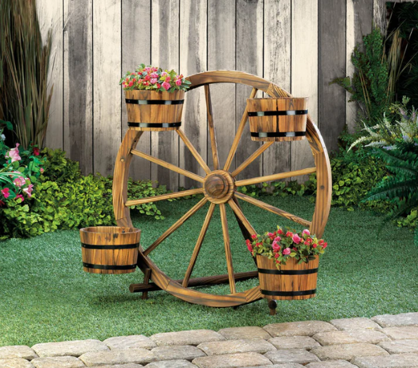 Wagon Wheel Barrel Plant Display