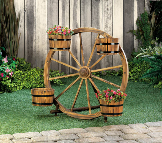 Wagon Wheel Barrel Plant Display