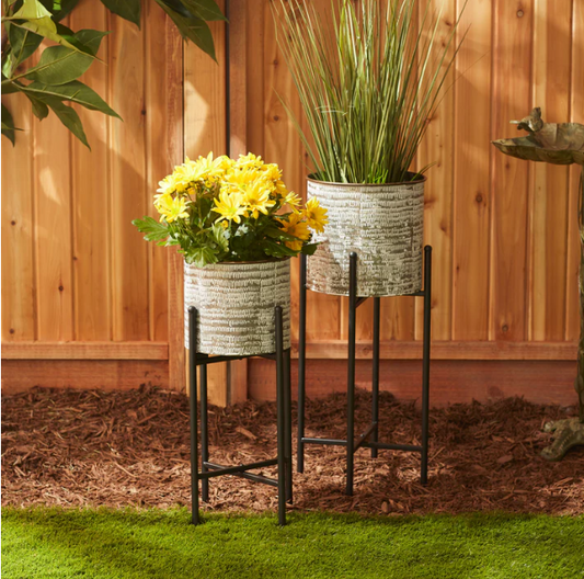 White Wash Galvanized Bucket Plant Stand Set